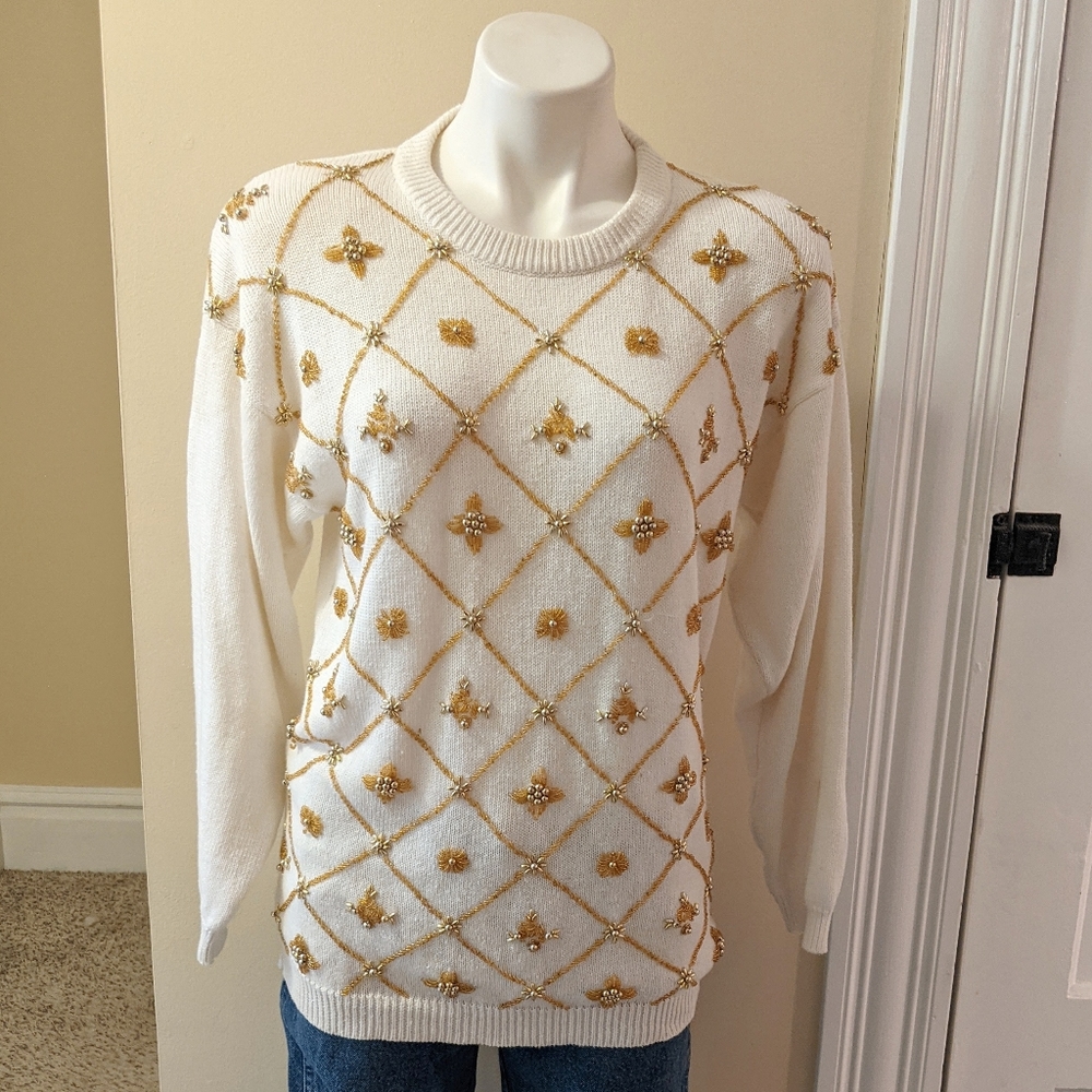 Vintage Victoria Harbour cream with gold beading sweater sizes small